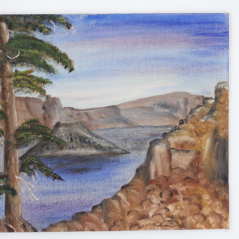 Naïve Intuitive Outsider Art Mountain Scape River Tree Pauline Kyle '72 9 X 12" gallery