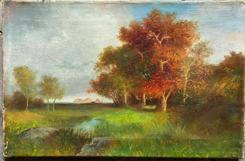 Romantics Autumn Meadow Trees Um 1880 Harvest Haystacks Clearing Evening Oil