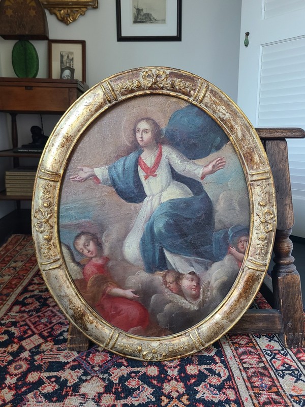 Antique 18th Century Religious Oil Painting Assumption of the Virgin Mary