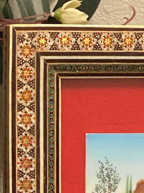 Persian Hand Painted Camel Bone Artwork in Wood Khatam Marquetry Frame Folk Art gallery