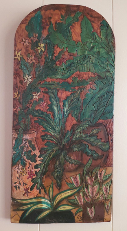 Signed Hand Carved Painted Wood Botanical Wall Panel Tropical Folk Art 24 x 10