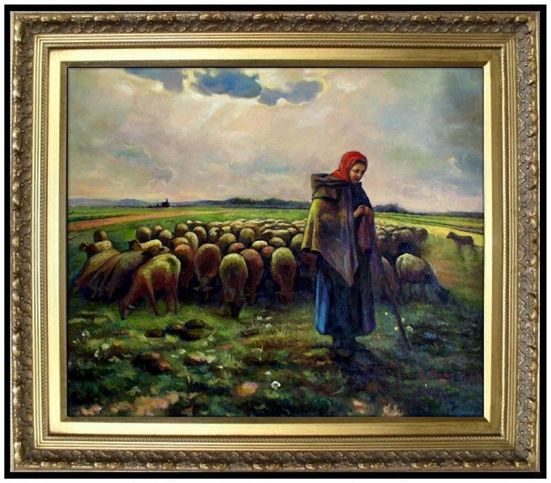 Framed, Hand Painted Oil Painting Repro Jean Millet Shepherdess 20x24in