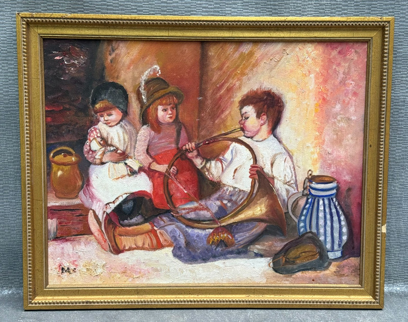 NAIVE FOLK ART OIL PAINTING SIGNED M.S. MS CHILDREN GIRL w RAGDOLL BOY TRUMPET
