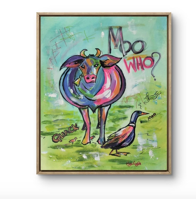 Original 11 x 14 Colorful Cow and Ducks Paper Painting