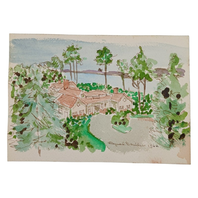 Raymond Davidson 1962 Watercolor Landscape Painting Lake House Scene 5×7