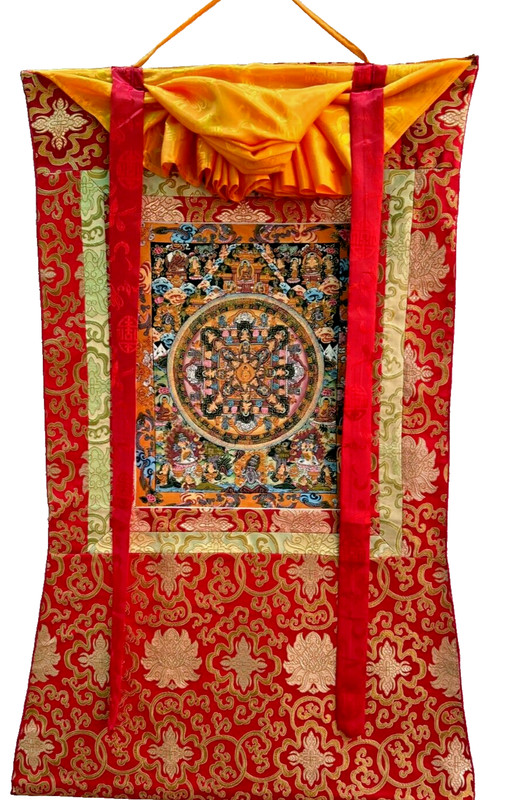 HAND PAINTED PANCHA BUDDHA LIFE MANDALA TIBETAN THANGKA PAINTING WITH SILK FRAME