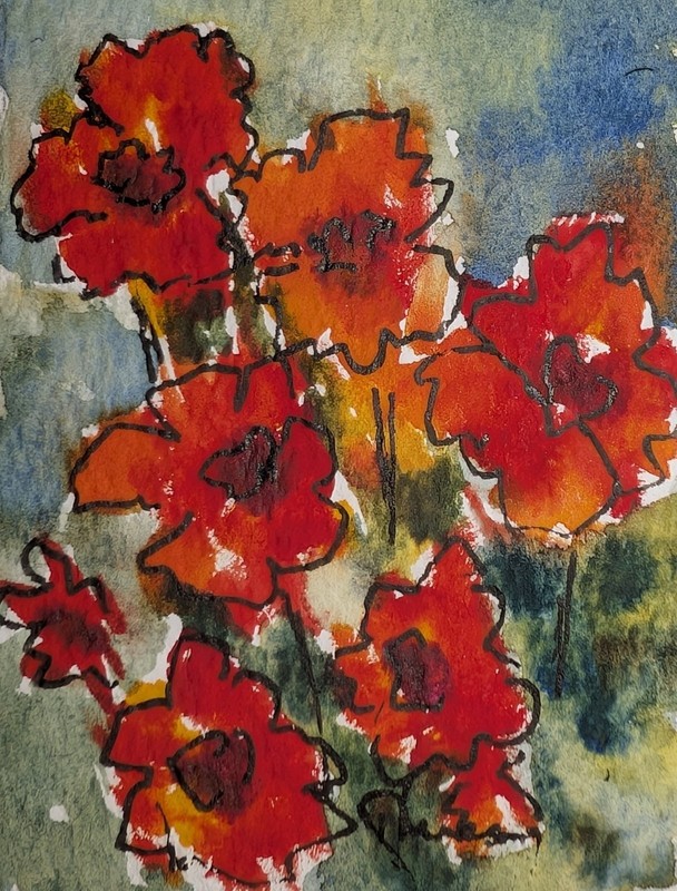 Red Flowers – Original art Unmatted ACEO or ATC watercolor