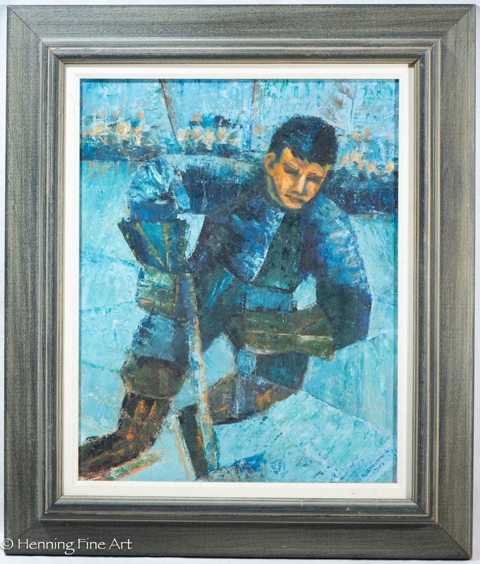 Stunning Mid Century Painting of Hockey Player in Blue by B Spaulding 1961, Fine