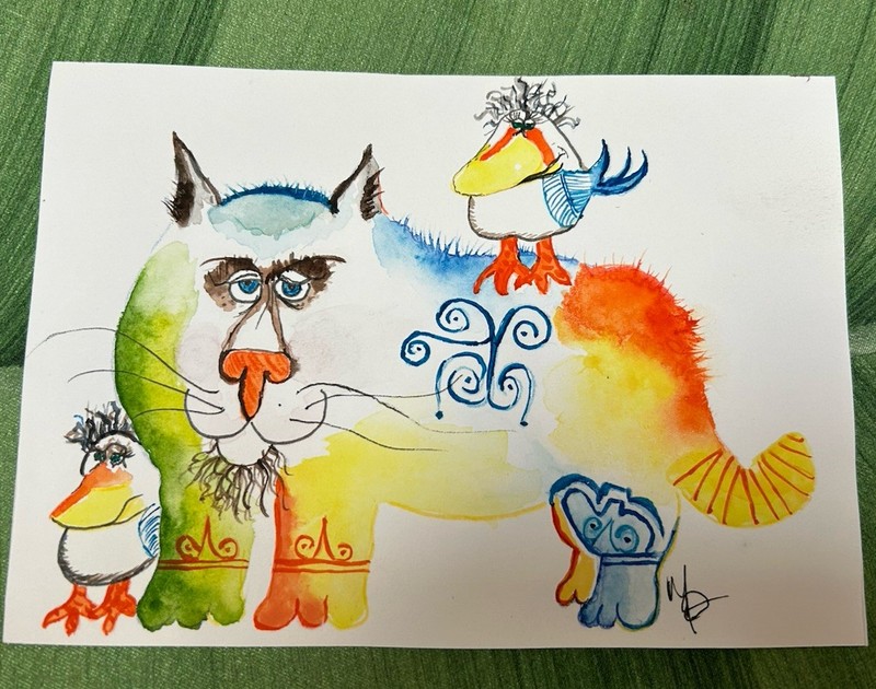 Original Watercolor Art Whimsical Blue Aqua Orange Cat & Birds, Signed , Framed gallery