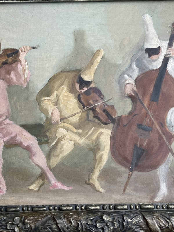 ANGELO DELLA TORRE PAINTING THREE MUSICIANS JESTERS MID CENTURY ITALIAN LISTED gallery