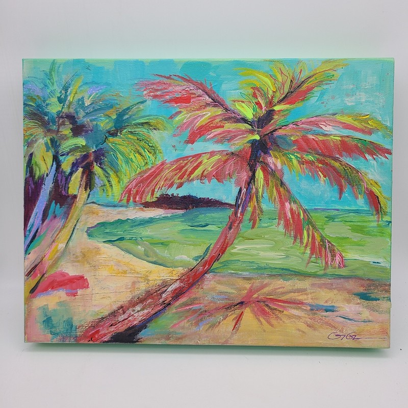 Original Oil Painting on Canvas Tropical Beach with Palm Trees 14″ X 11″ Signed