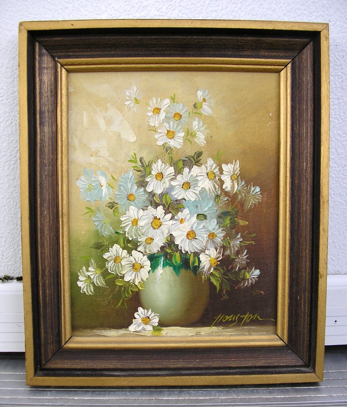 Original Oil Painting Art Floral Still Life White Daisies in Vase Signed Houston