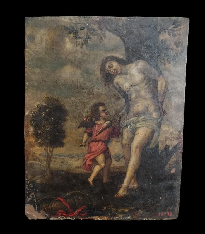 MARTYRDOM OF SAINT SEBASTIAN. OIL ON COPPER. UNFRAMED. SPAIN. 17TH CENTURY
