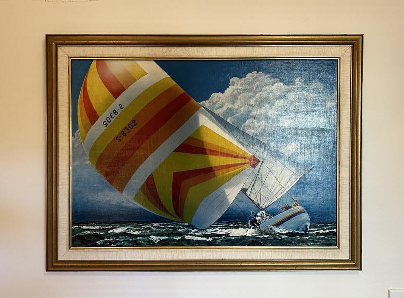 RARE PETER J HEER LOS ANGELES OLYMPICS USA SAILING OIL PAINTING c1983 ORIGINAL