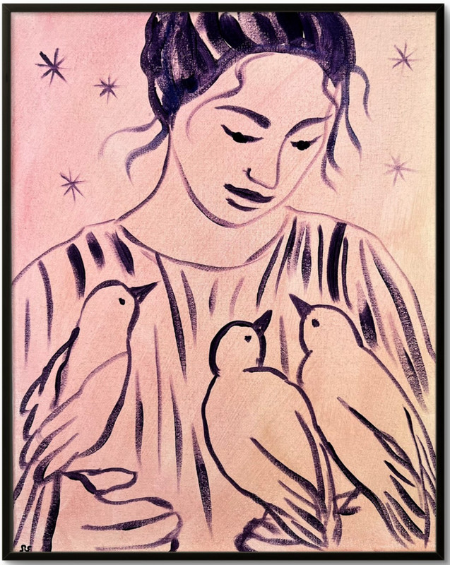 Girl with Birds Painting, Minimalist Line Art 11×14