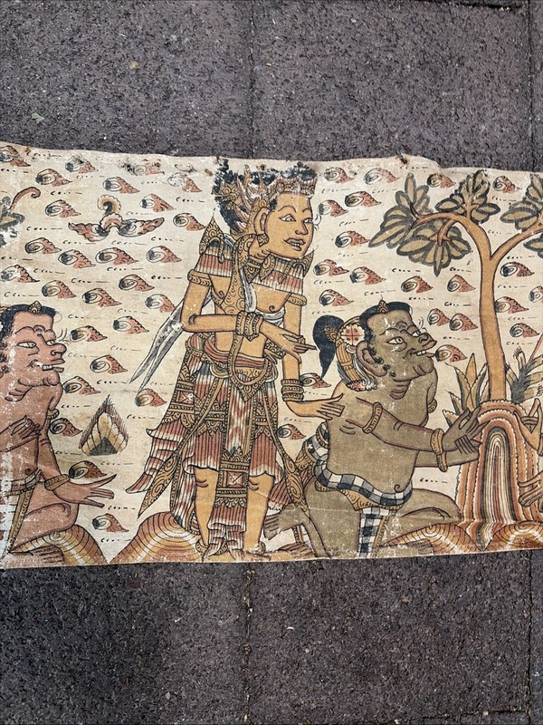 RARE 19th Century Balinese Authentic Kamasan Cloth Painting 12.6mx 26cm gallery