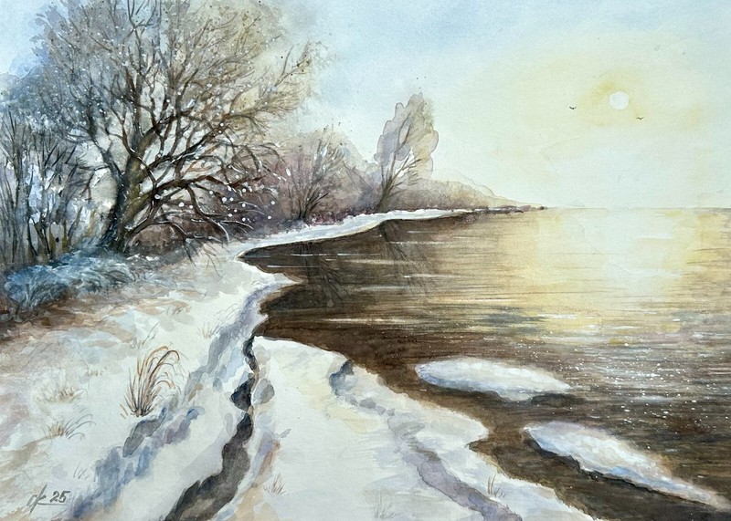 Winter Riverbank at Sunrise Original Watercolor Landscape with Snow and Trees A3