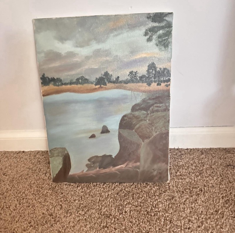 16×12 Vintage Canvas Lake Painting