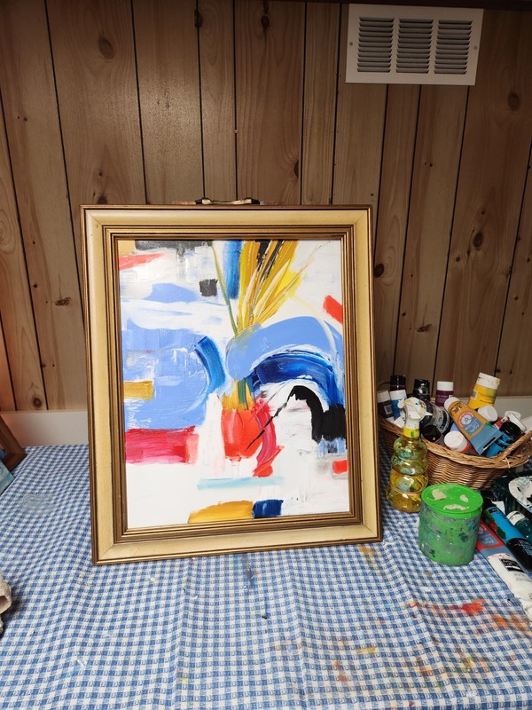 Original LARGE Framed Acrylic Media Abstract Art Painting Vintage Frame