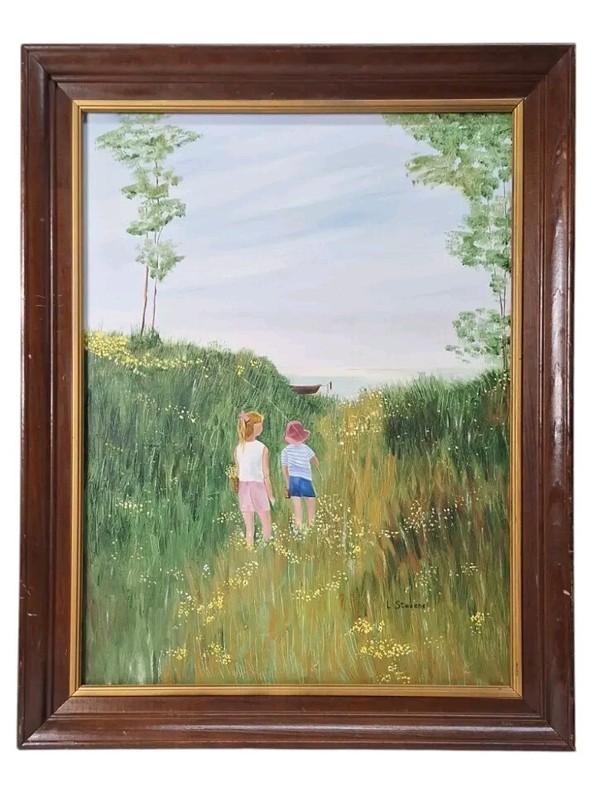 Boy & Girl Going Fishing Flowers Lake Orginal Oil Painting L Stevens 28″ x 21.5″
