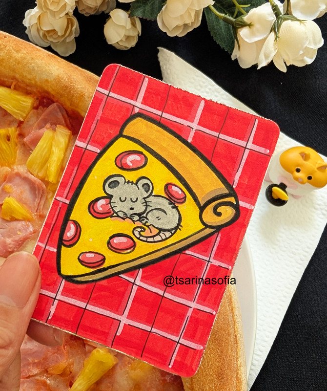 Original ACEO Cute Funny Pizza Mouse Rat Mini Painting 2.5”x3.5” Acrylic Artwork
