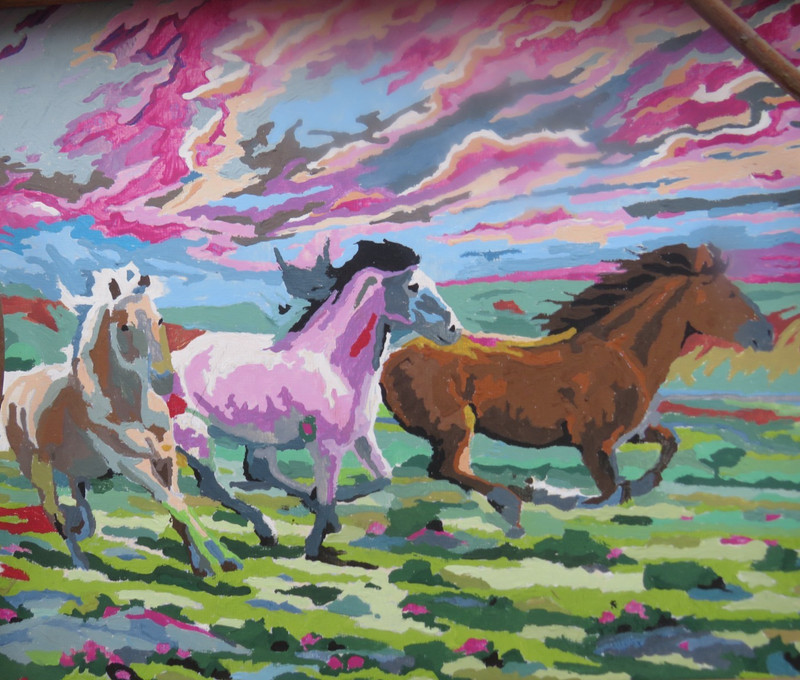 UNIQUE RUSTIC TWIG FRAMED PAINTING ON CARDBOARD OF RUNNING HORSES gallery