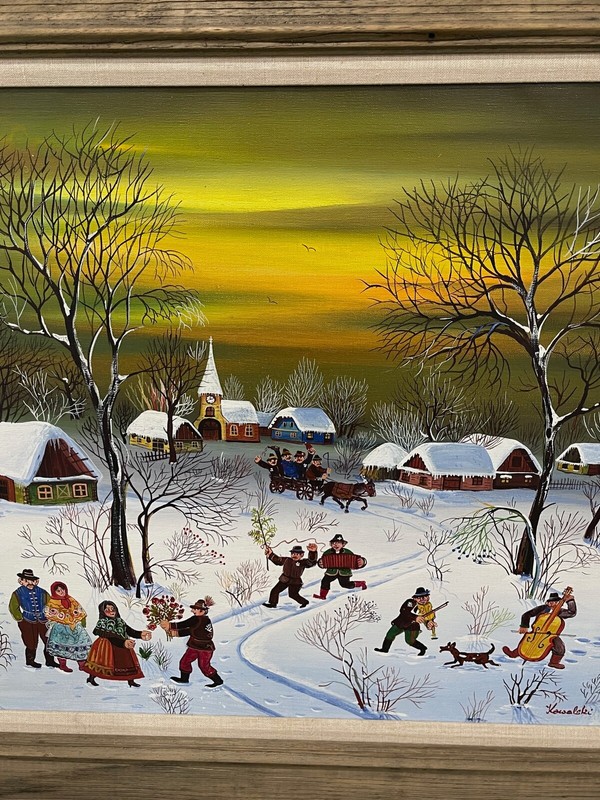 Vintage Hungarian Artist Kowalski Signed Oil Painting Winter Village Scene gallery