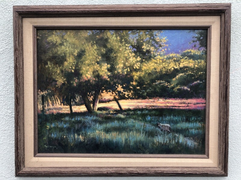Signed Patti Georges Oil On Board Of A Sheep In A Pasture 16 1/2” X 20 1/2” X 2”