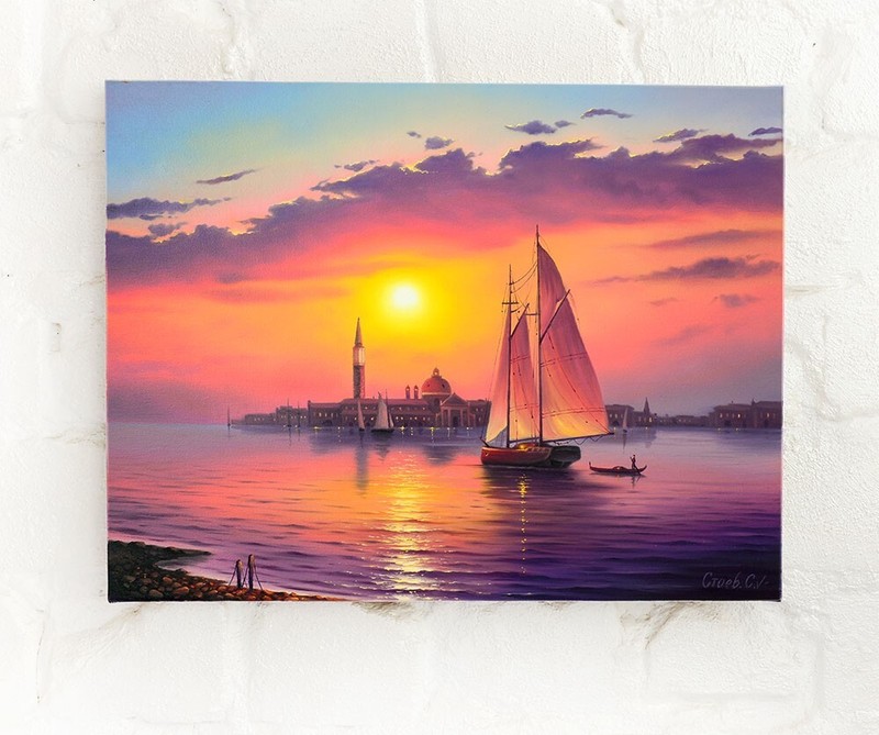 Sunset Landscape oil Painting Evening in Venice Gondola Yacht Ship Sea Romantic gallery