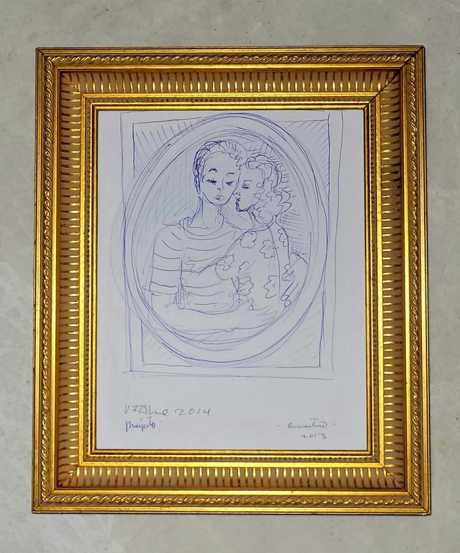 Vicente Fabre Pen Blue Ink Drawing In Paper 8 × 10 Framed With Gold Ornate.