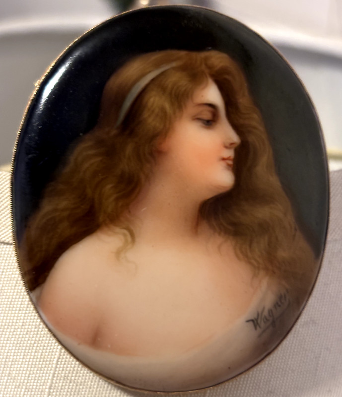KPM Hand Painted 14K Gold Porcelain Brooch, Signed by Wagner