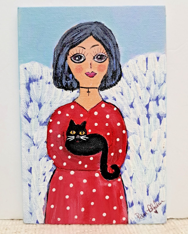 Original Painting Angel In Red Dress With Her Black Cat 4″x6″ Acrylic Small Art