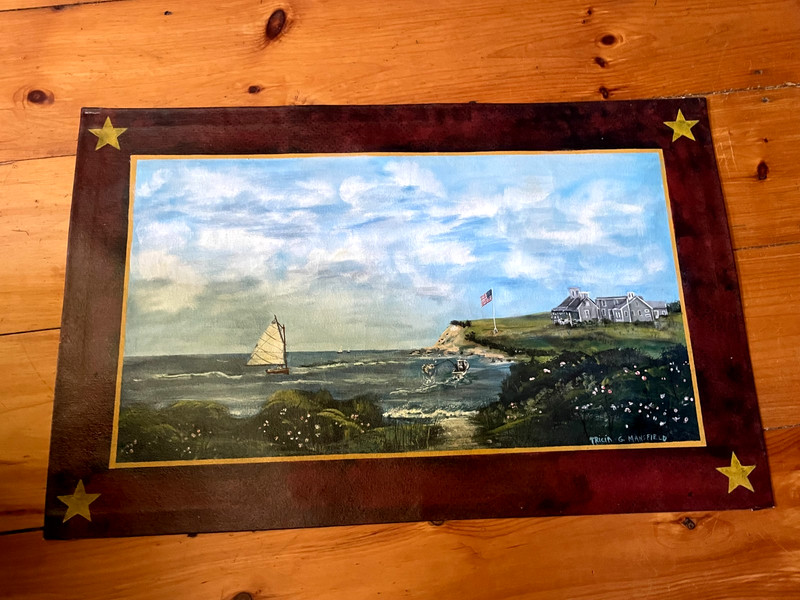 HAND PAINTED WATER SCENE ON CANVAS OIL CLOTH TRICIA G. MANSFIELD 21″H X 33» W