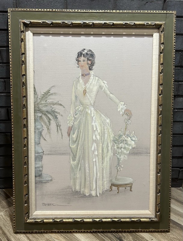 Original Painting Victorian Lady White Dress Parasol Matted Framed Vintage Art