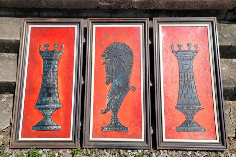 Vintage MCM 3 Piece Art Painting On Board Framed Set Chess Spanish Revival