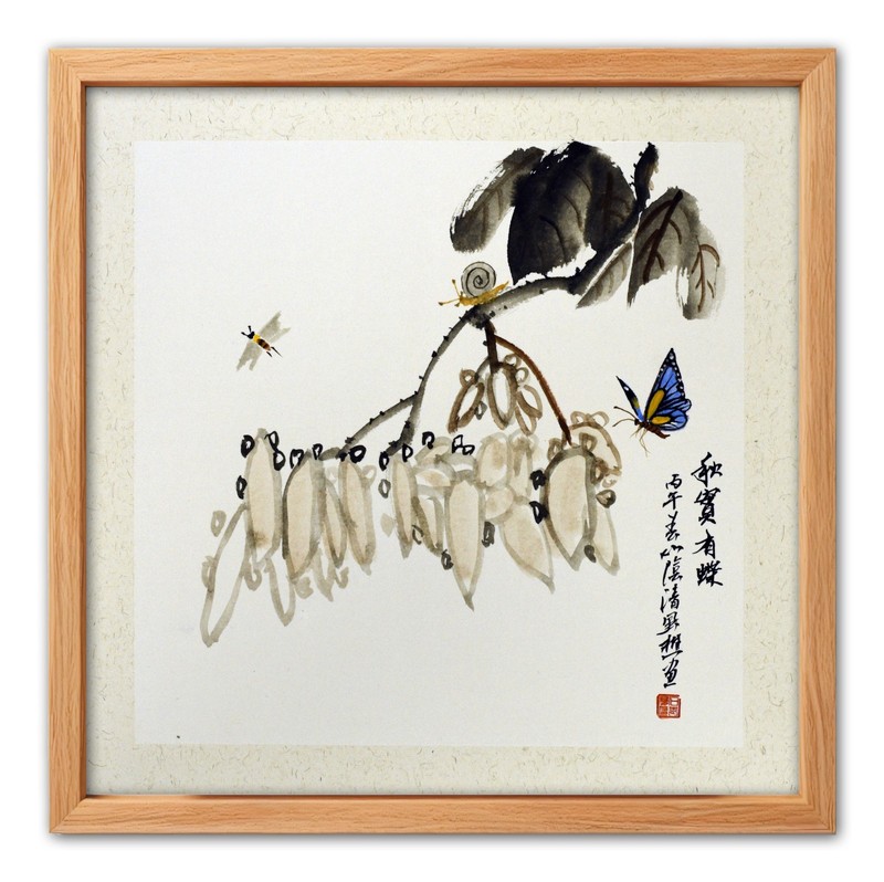 Original Chinese Ink Painting Butterfly Snail Nature Framed Asian Wall Art