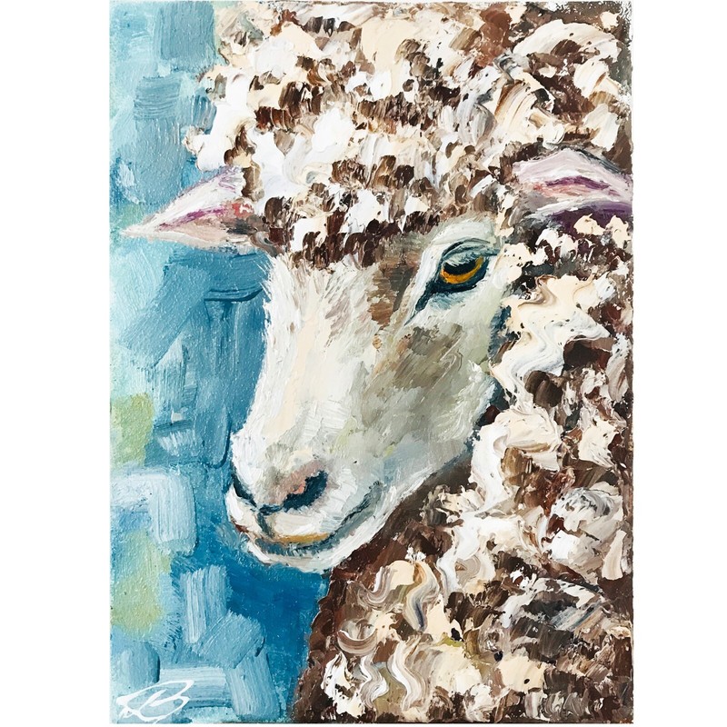 Sheep Wall art Animal Sheep Painting Impasto Painting Tiny house art 7 x 5″
