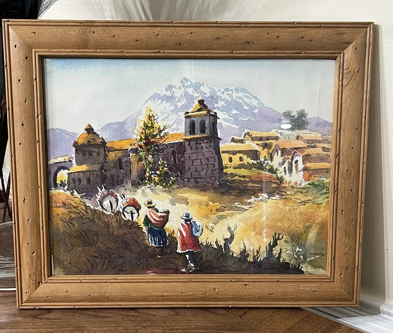 Vintage Original WATERCOLOR Painting Landscape Roca 98 SIGNED Framed 15.5×12.5in
