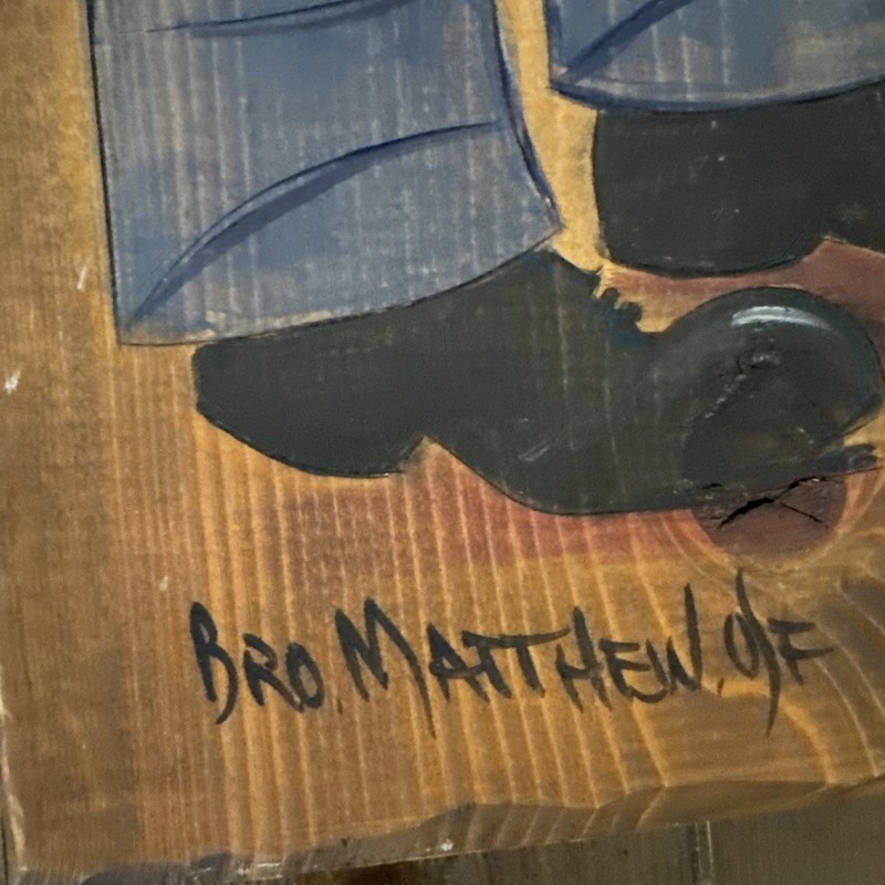 VTG Brother Matthew OSF Clown Painting Signed Barn Wood Plank MCM Rustic 26x9” gallery