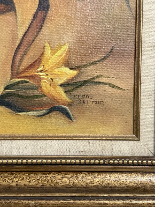 Vintage Framed Oil Painting Yellow Lilies in Pitcher Wall Hanging 26x22 Signed gallery