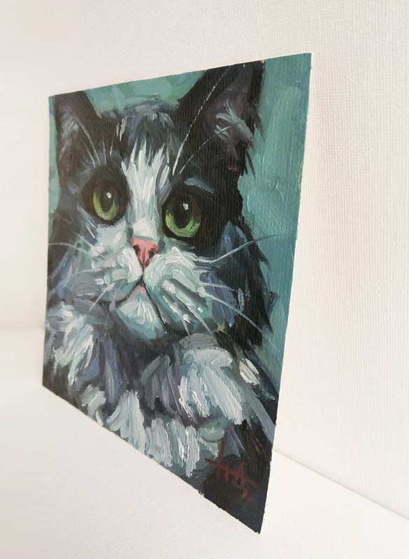Original Oil Painting Portrait of a Black and White Cat Impressionist 6x6 inches gallery