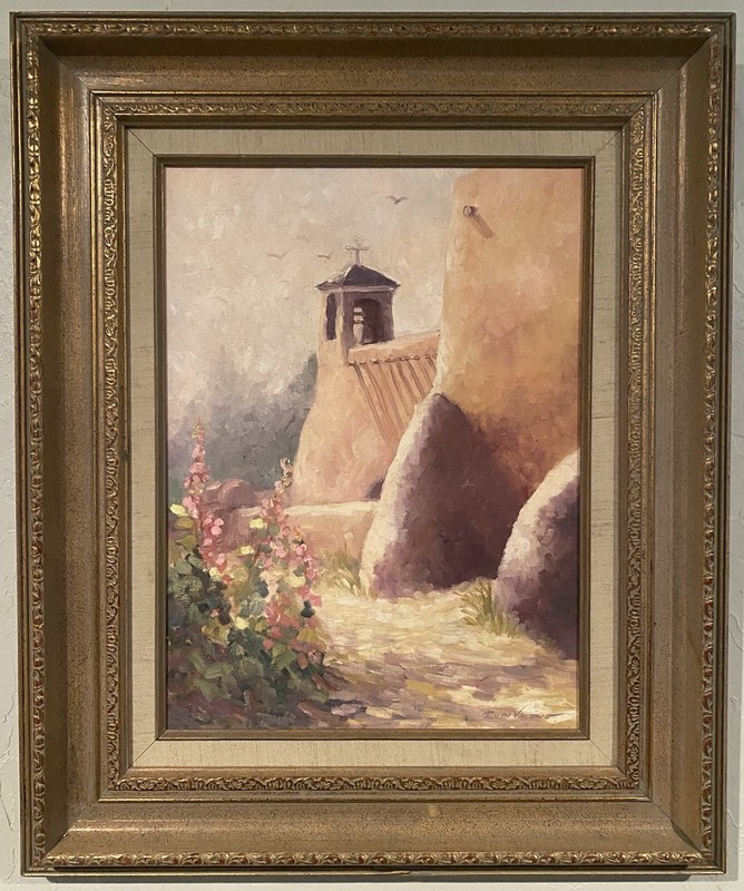 Adobe Church scene by Ruth Valerio. Taos / Santa Fe, New Mexico landscape