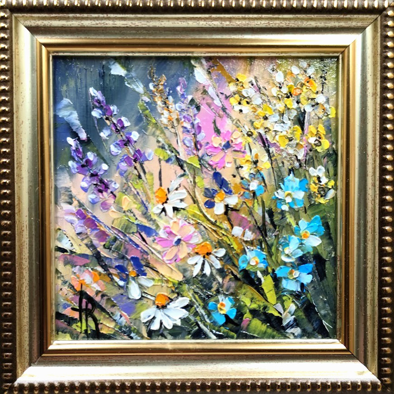 Original Oil Painting 4×4 in Framed Signed Wildflowers Impasto Art