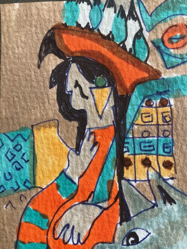 ACEO art by PJ, art card 2.5 x 3.5: friend of Wolf, abstract, Native American