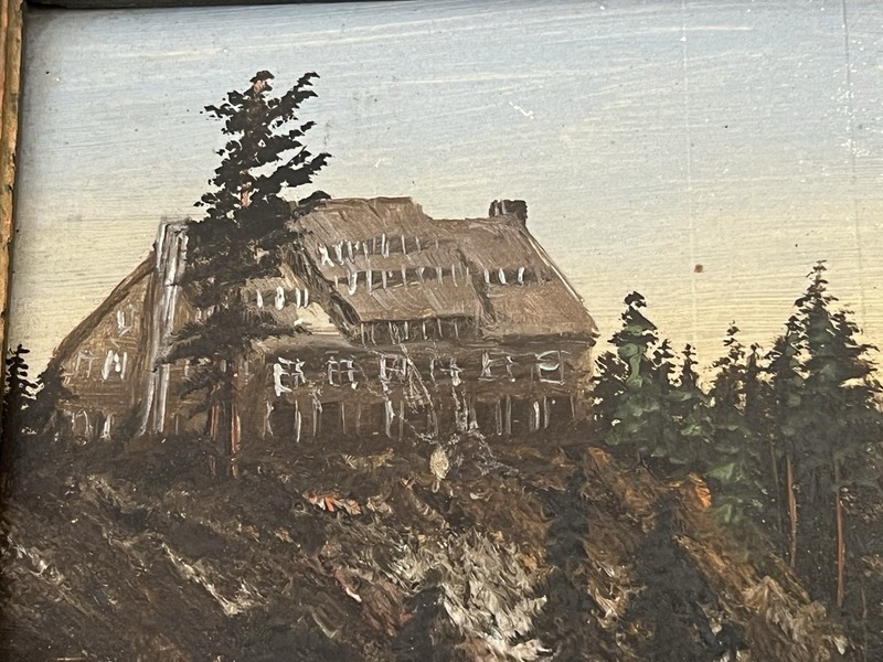 Antique Oil Crater Lake Painting on Fibreboard of Wizard Island & Historic Lodge gallery