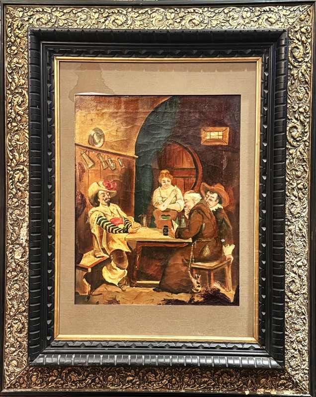 ANTQ 19th C Original Flemish Master Interior Tavern Scene Oil On Canvas, Framed!