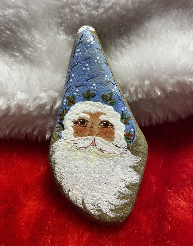 Hand Painted Rocks From Seneca Lake, NY – Santa Claus With Blue Hat – Christmas