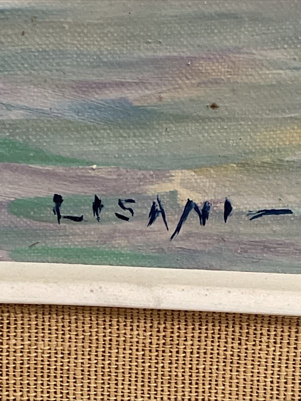 Vintage Lisani Signed Seascape Oil Painting Fishing Boats Sunset Framed 20x16⁠ gallery