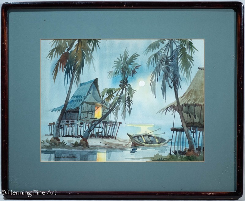 Stunning Mid Century Painting South East Asian Fishing Village Illegibly Signed