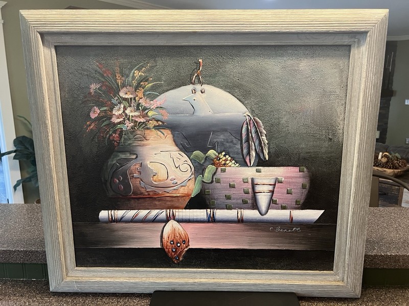 C. BENOLT WESTERN AZETEC POTTERY SCENE OIL CANVAS STILL LIFE PAINTING 29”x25”